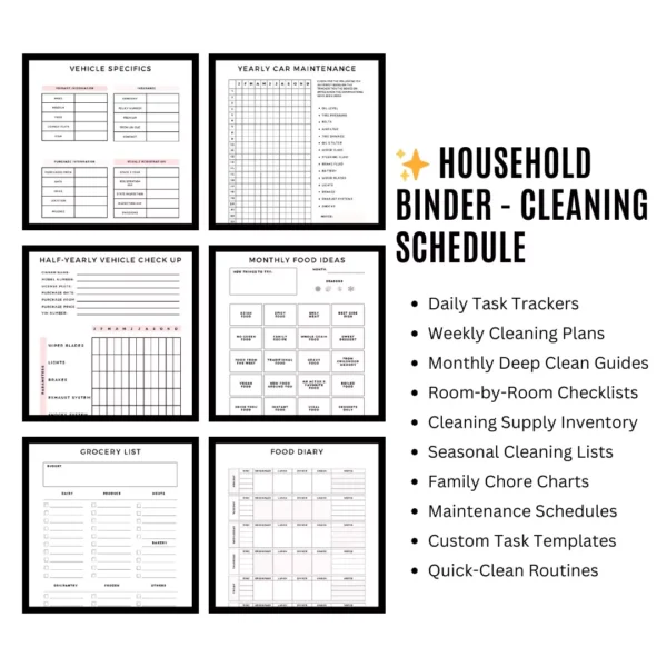 Comprehensive household binder featuring cleaning, finance, and meal planning pages