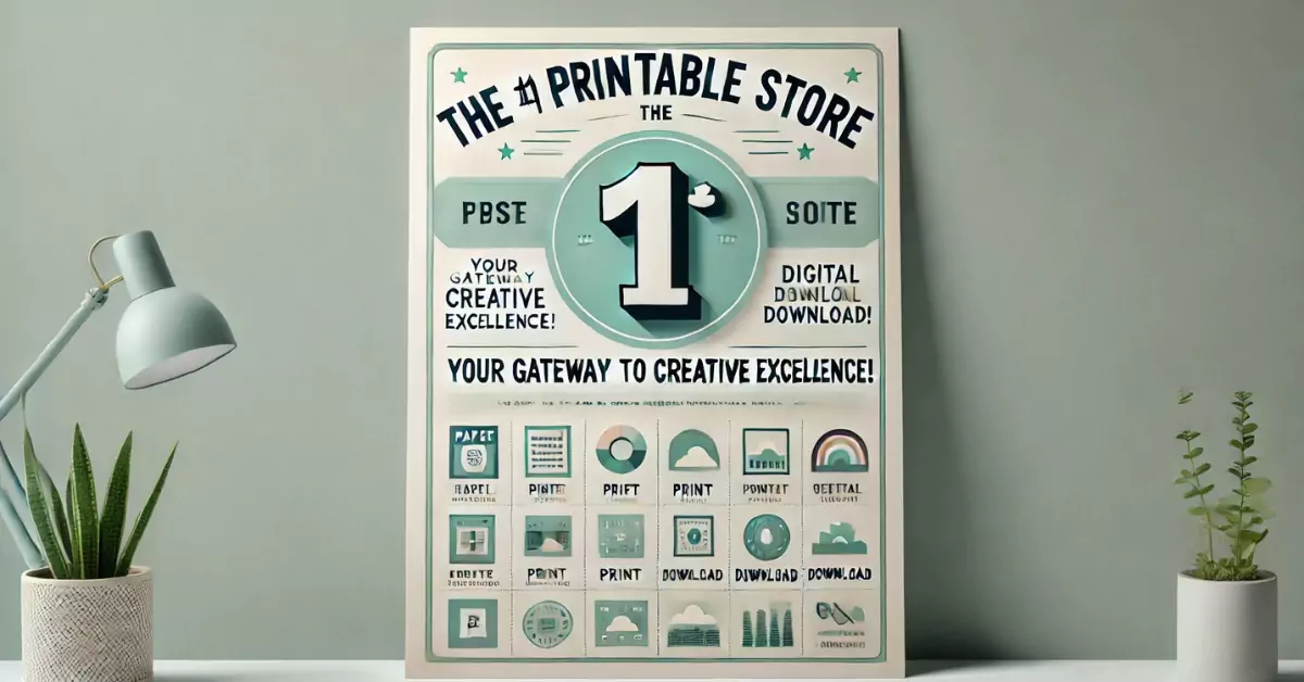 A modern promotional image for the #1 Printable Store featuring a light pastel background, bold teal text, and creative print-related icons with a vibrant 'Explore Now' button.