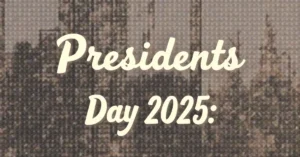 Families shopping under red, white, and blue banners celebrating Presidents Day 2025 in a vibrant mall.