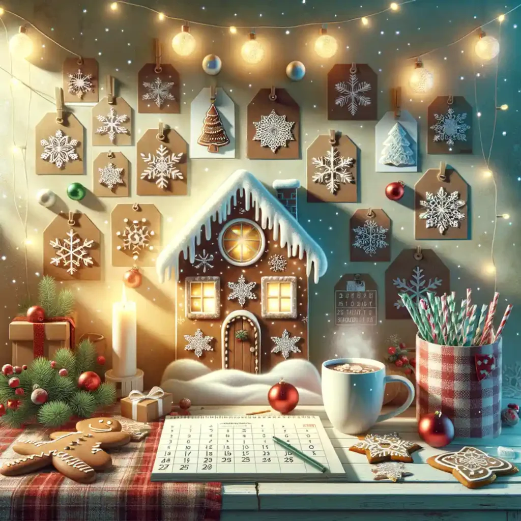 Festive desk with Christmas printables: advent calendar, gift tags, and snowflake-cut templates. Twinkling fairy lights, a mug of hot cocoa, and a gingerbread house centerpiece. Style: Cozy winter wonderland, soft acrylic painting textures.