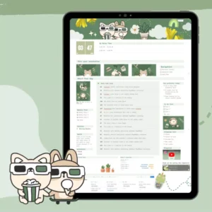 A cute and aesthetic ADHD Notion planner template featuring a green background, cartoon bees, flowers, and decorative sections for organizing daily tasks from Thursday to Sunday, along with a notes section.