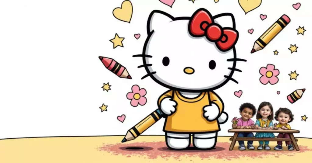 Printable Hello Kitty coloring page with floral background and cute accessories.