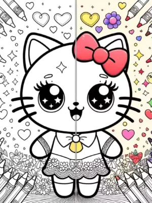 Hello Kitty holding a teddy bear in a cute printable coloring page for kids