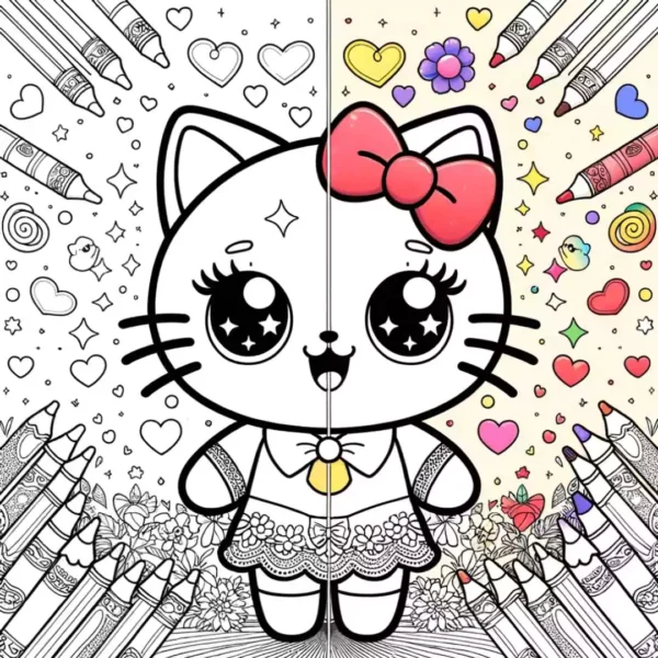 Hello Kitty holding a teddy bear in a cute printable coloring page for kids