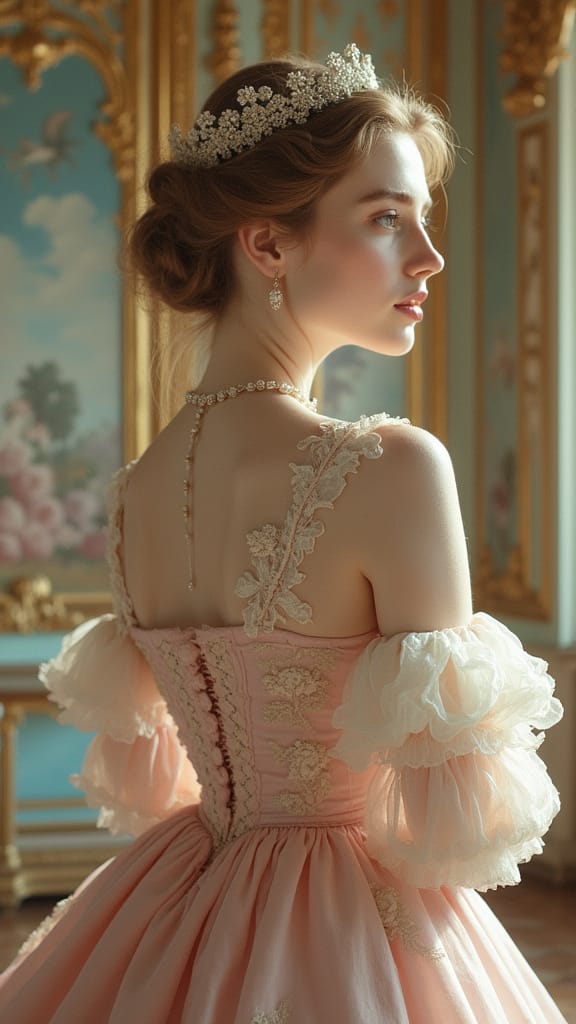 Elegant model showcasing Rococo influence on fashion by wearing a pastel gown with intricate gold embroidery in a luxurious vintage setting.