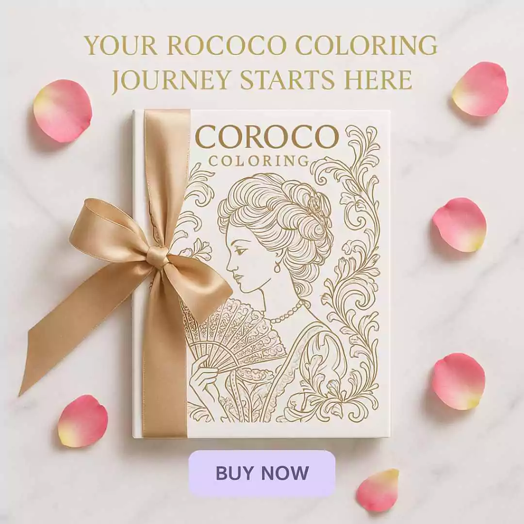 Black and white rococo coloring pages design featuring cherubs floating among swirling cloud motifs and ornate filigree.