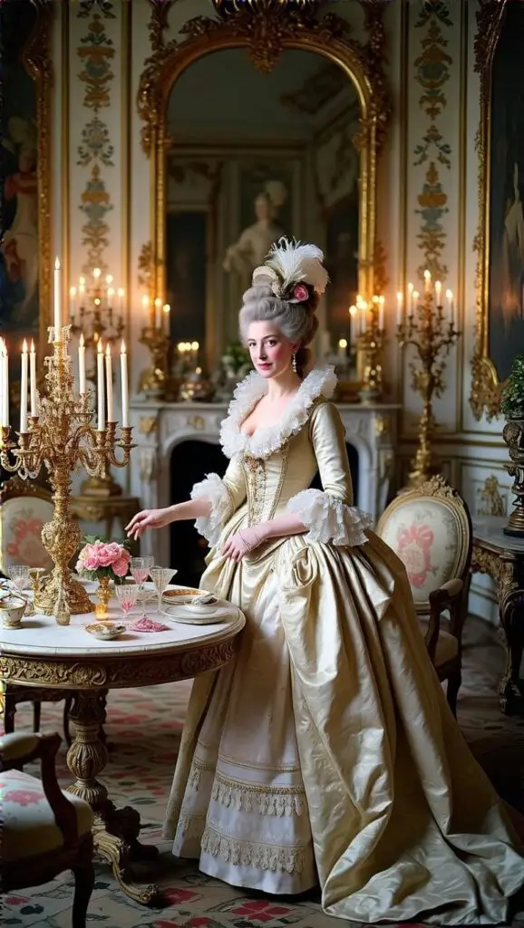 18th-century rococo interior design with pastel walls, gold moldings, and curved furniture.