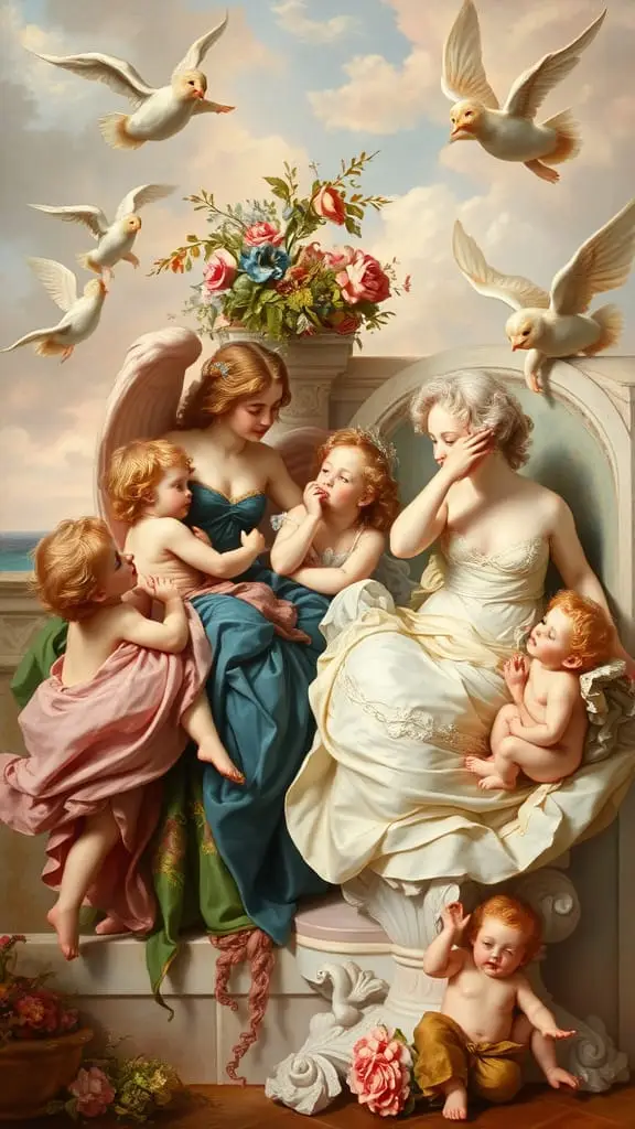 Artist François Boucher depicted with pastel-colored Rococo painting of mythological figures.