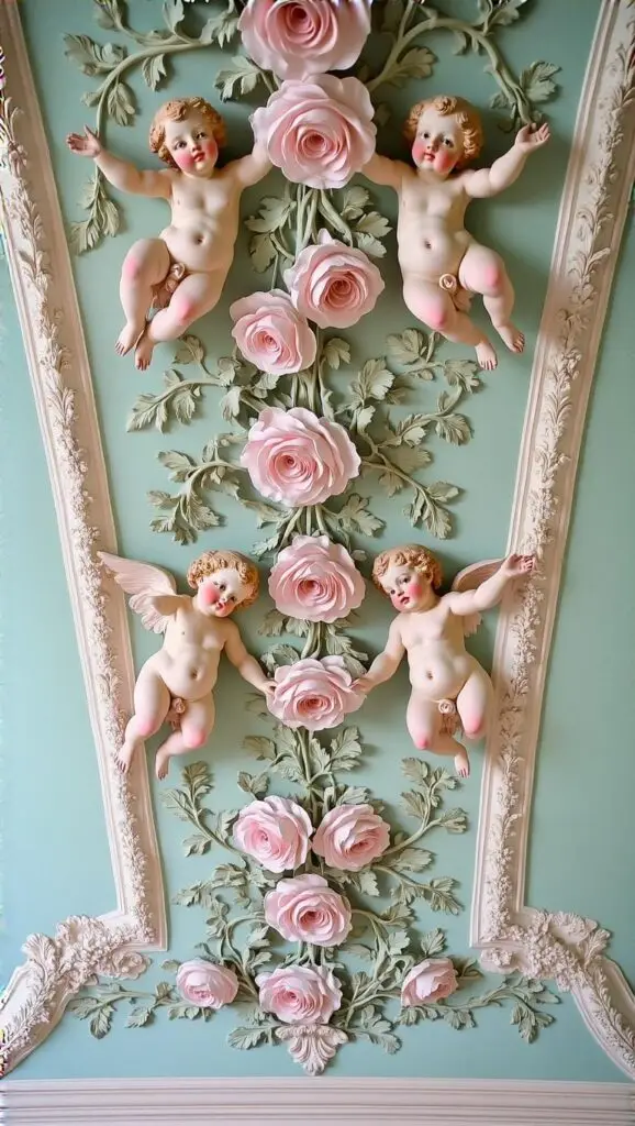 Rococo ceiling mural featuring pastel skies and cherubs