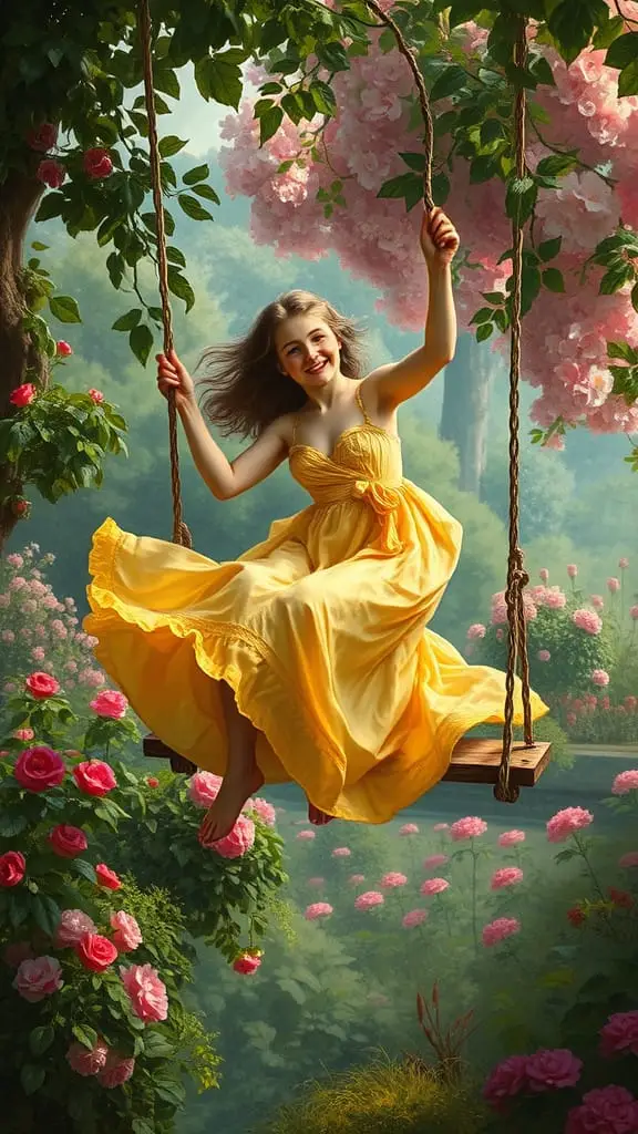 Fragonard painting a romantic garden scene with a swinging lady in classic Rococo style