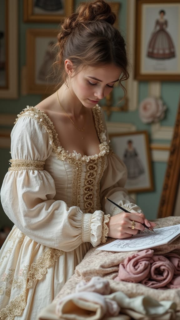 A designer sketching Rococo-style dresses in a studio filled with pastel fabrics, gold trims, and vintage references.