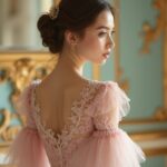 A stylish model wearing a Rococo-inspired pastel dress with gold embroidery, standing in an elegant room with pink walls and ornate mirrors, illustrating Rococo influence on fashion.