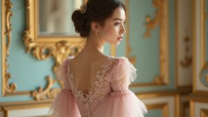 A stylish model wearing a Rococo-inspired pastel dress with gold embroidery, standing in an elegant room with pink walls and ornate mirrors, illustrating Rococo influence on fashion.