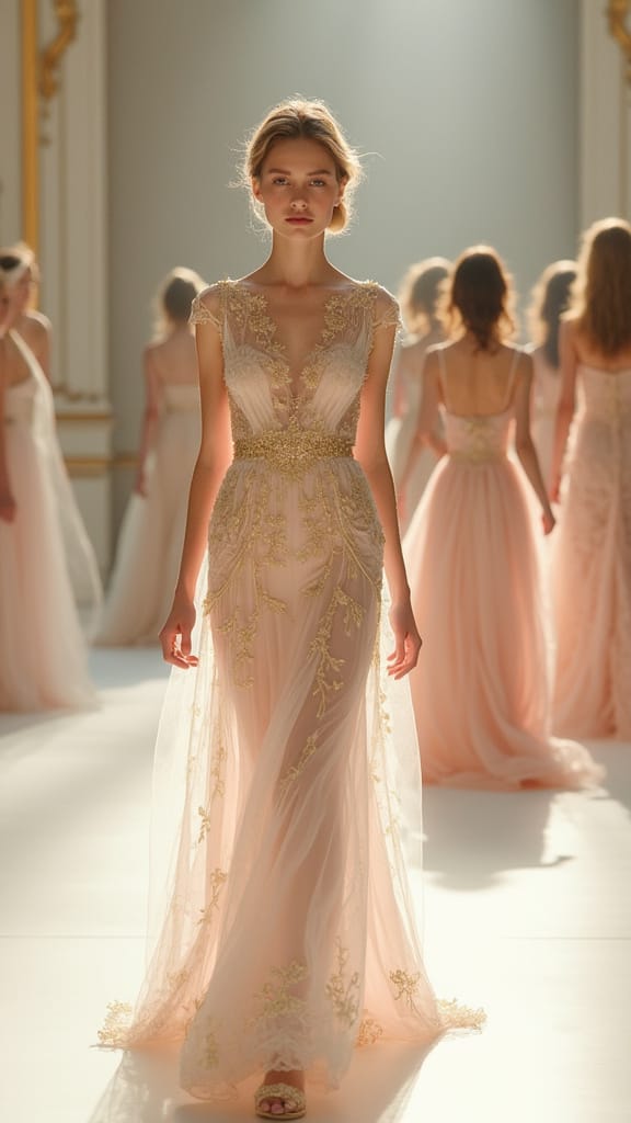 Models on a fashion runway wearing pastel Rococo-inspired gowns with gold embroidery and vintage accessories.