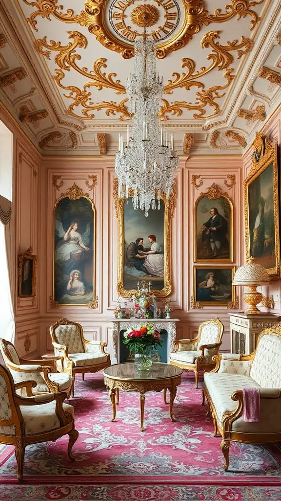 An 18th-century Rococo-style salon with pastel walls, ornate furniture, and romantic art
