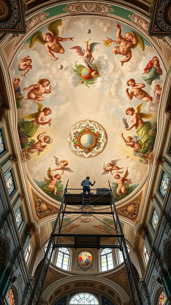 Demonstration of rococo painting techniques and feathered brush strokes.