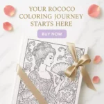 Detailed rococo coloring pages illustration of a floral border framing an ornate mirror with scrolling acanthus leaves.