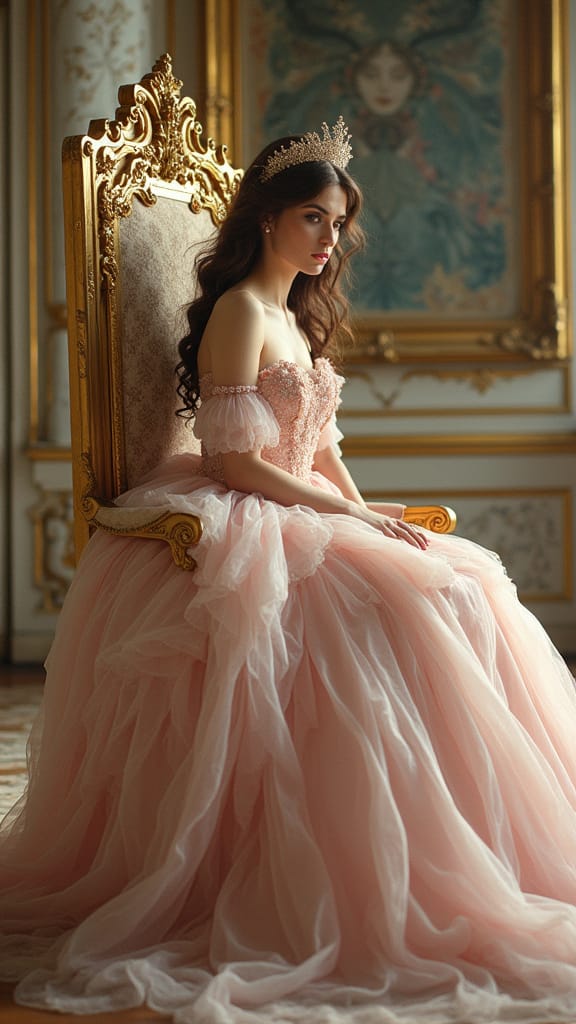 An actress in a Rococo-style pastel ball gown sitting on a golden throne in an ornate palace setting