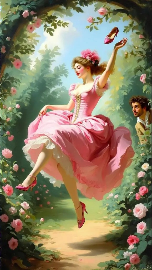 A young woman swinging in a lush Rococo garden, symbolizing playfulness and sensuality