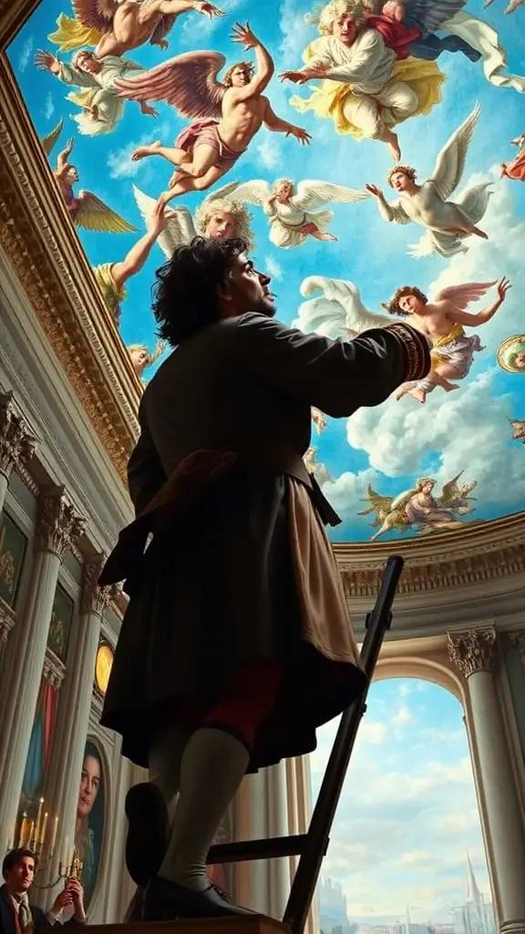 Giovanni Tiepolo creating a large Rococo fresco with mythological figures in a sky scene.