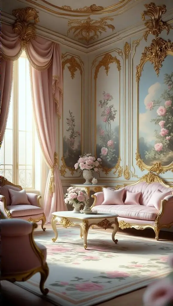 Modern living room with rococo furniture and pastel decor.