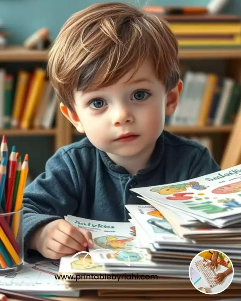 Flat-lay photo of free educational printouts for kids, including colorful alphabet charts, math puzzles, and crayons on a wooden table.