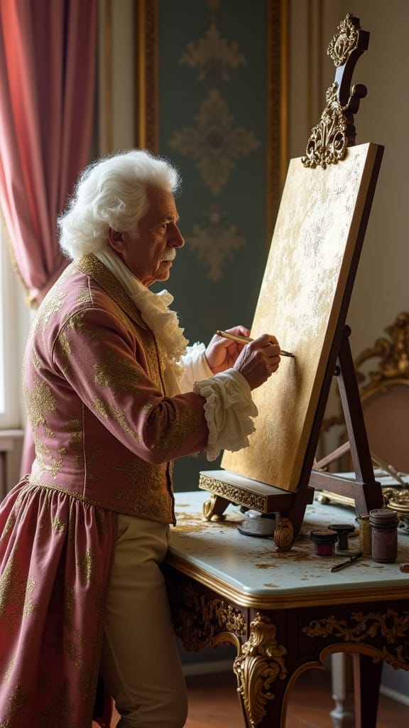 A vintage still life painting of a Rococo-era artist’s desk, viewed from above, featuring detailed sketches of cherubs, floral motifs, and flowing gowns. The desk is bathed in soft natural light from a nearby carved window overlooking a French garden. Art supplies like brushes, ink pots, parchment, and gold leaf are arranged in elegant disorder.