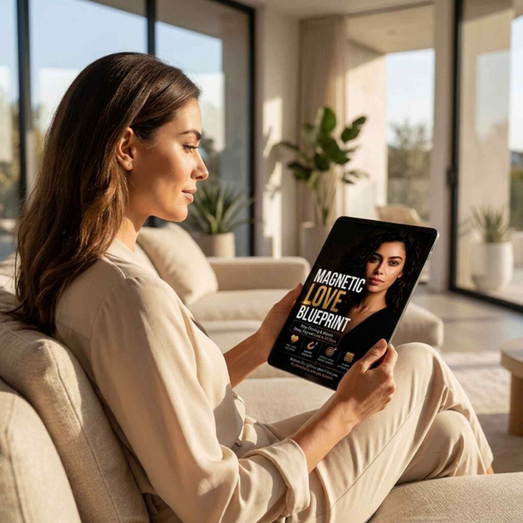 Woman reading The Magnetic Love Blueprint ebook on an iPad in a cozy living room